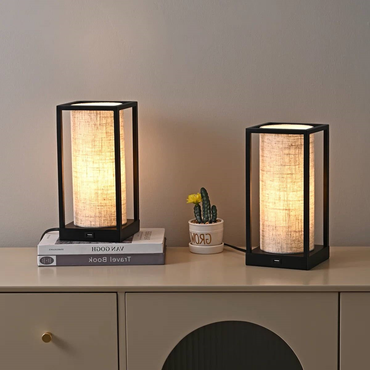 Set of 2 - Modern Japanese Style USB Table Lamp with Beige Linen Shade LuxuryLifeWay Online Store