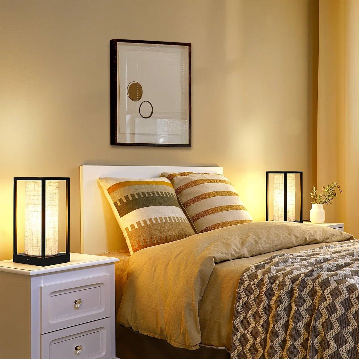 Set of 2 - Modern Japanese Style USB Table Lamp with Beige Linen Shade LuxuryLifeWay Online Store