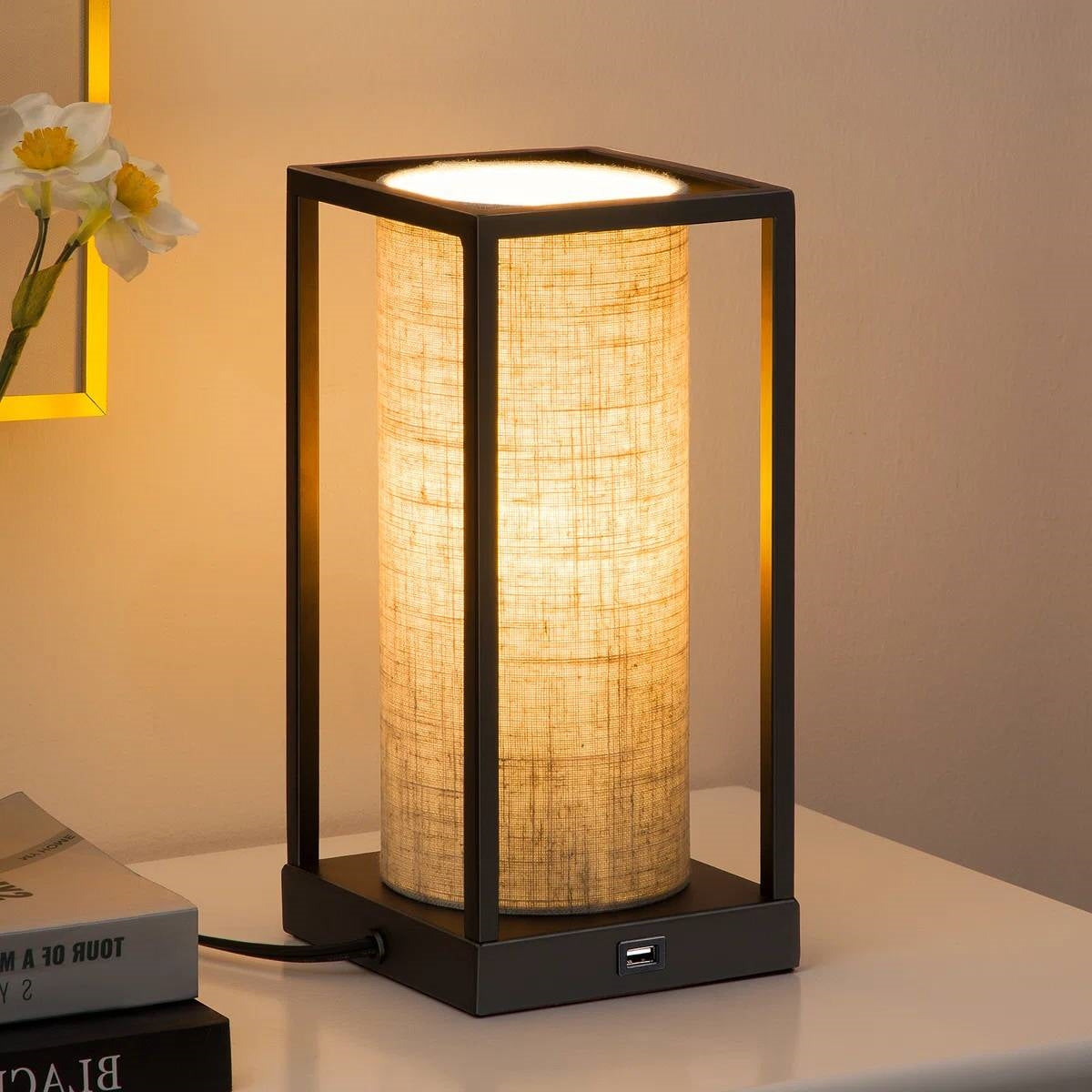 Set of 2 - Modern Japanese Style USB Table Lamp with Beige Linen Shade LuxuryLifeWay Online Store