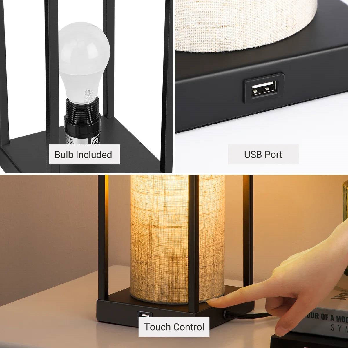 Set of 2 - Modern Japanese Style USB Table Lamp with Beige Linen Shade LuxuryLifeWay Online Store