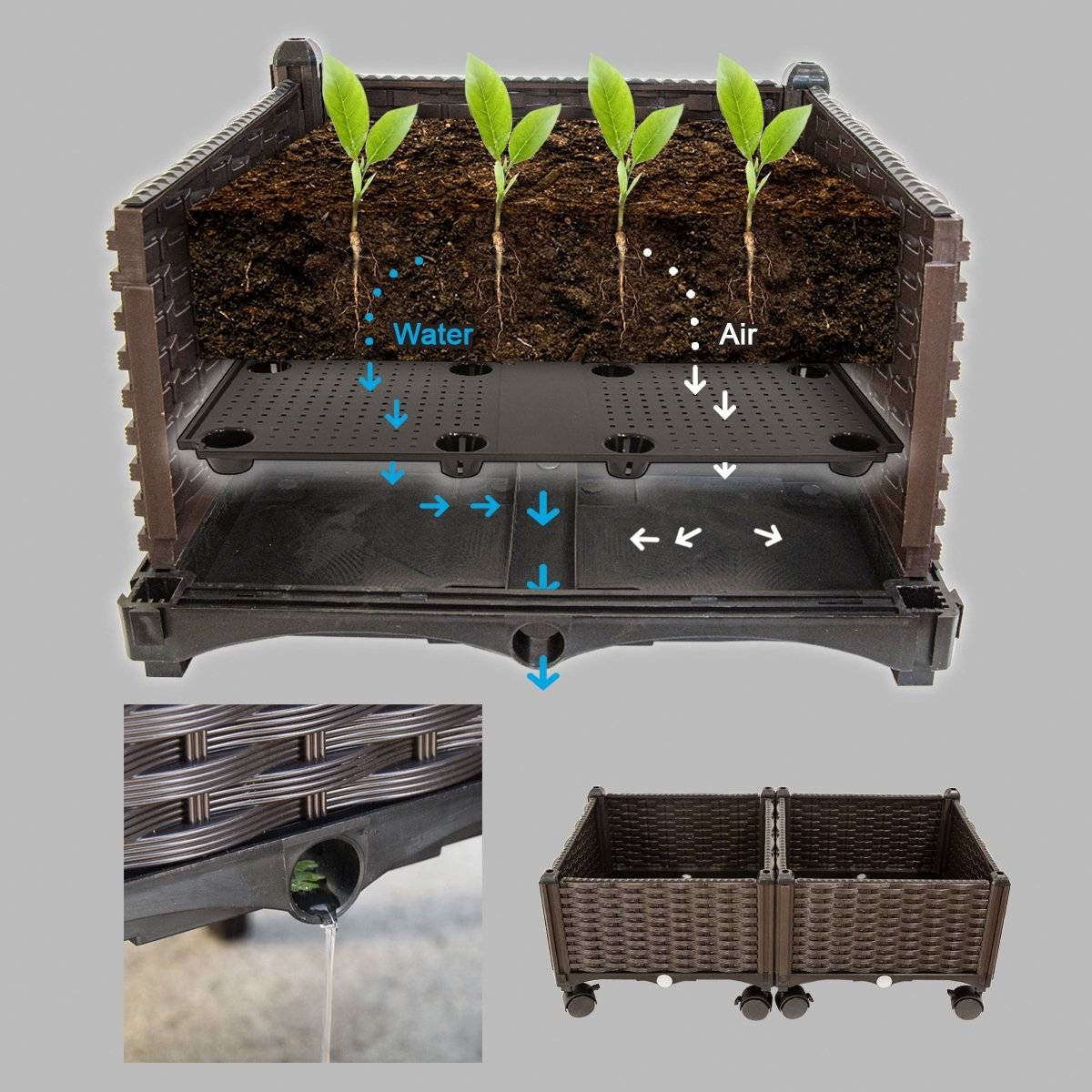 Modern 2-Piece Indoor Outdoor Raised Garden Planter Box on Wheels in PP Rattan LuxuryLifeWay Online Store