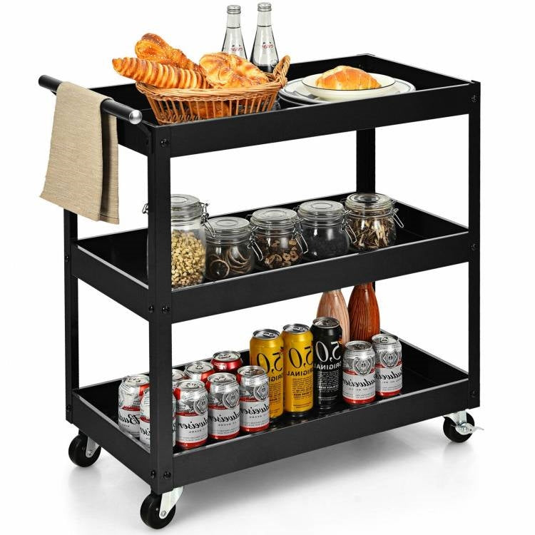Black Steel Frame Kitchen Serving Utility Cart on Wheels with 2 Bottom Shelves LuxuryLifeWay Online Store
