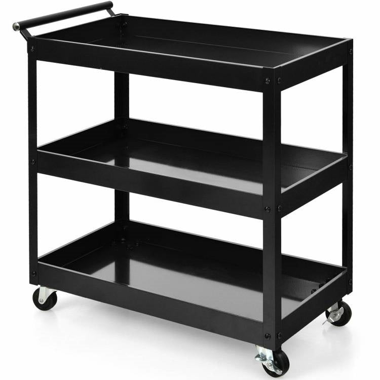 Black Steel Frame Kitchen Serving Utility Cart on Wheels with 2 Bottom Shelves LuxuryLifeWay Online Store
