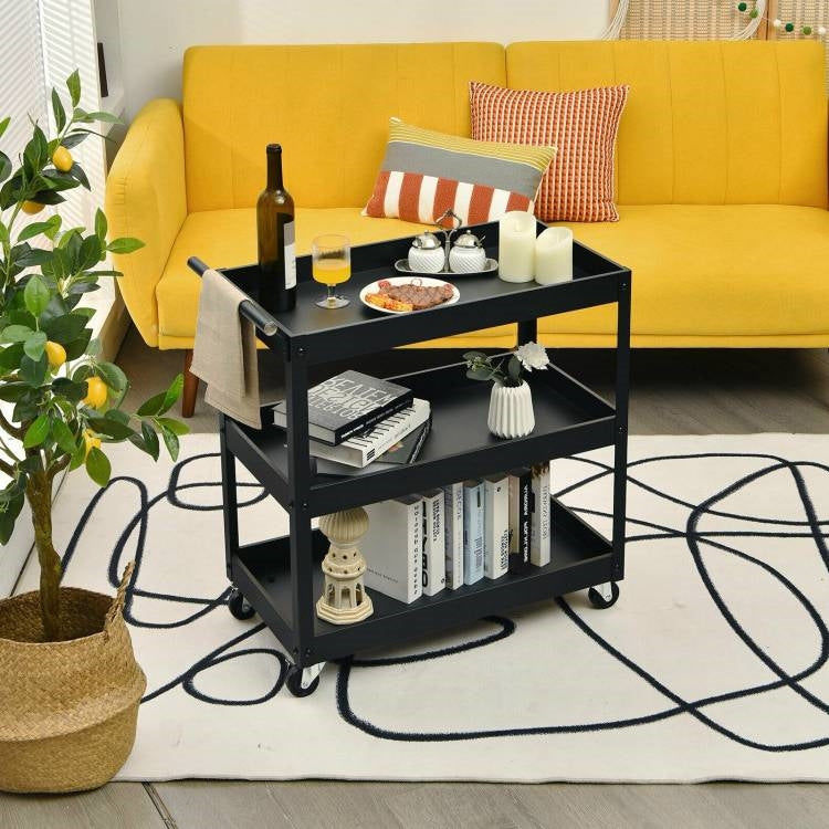 Black Steel Frame Kitchen Serving Utility Cart on Wheels with 2 Bottom Shelves LuxuryLifeWay Online Store