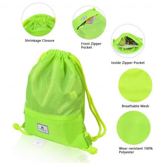 Drawstring Backpack String Bag Foldable Sports Sack with Zipper Pocket-Green - Color: Green LuxuryLifeWay Online Store