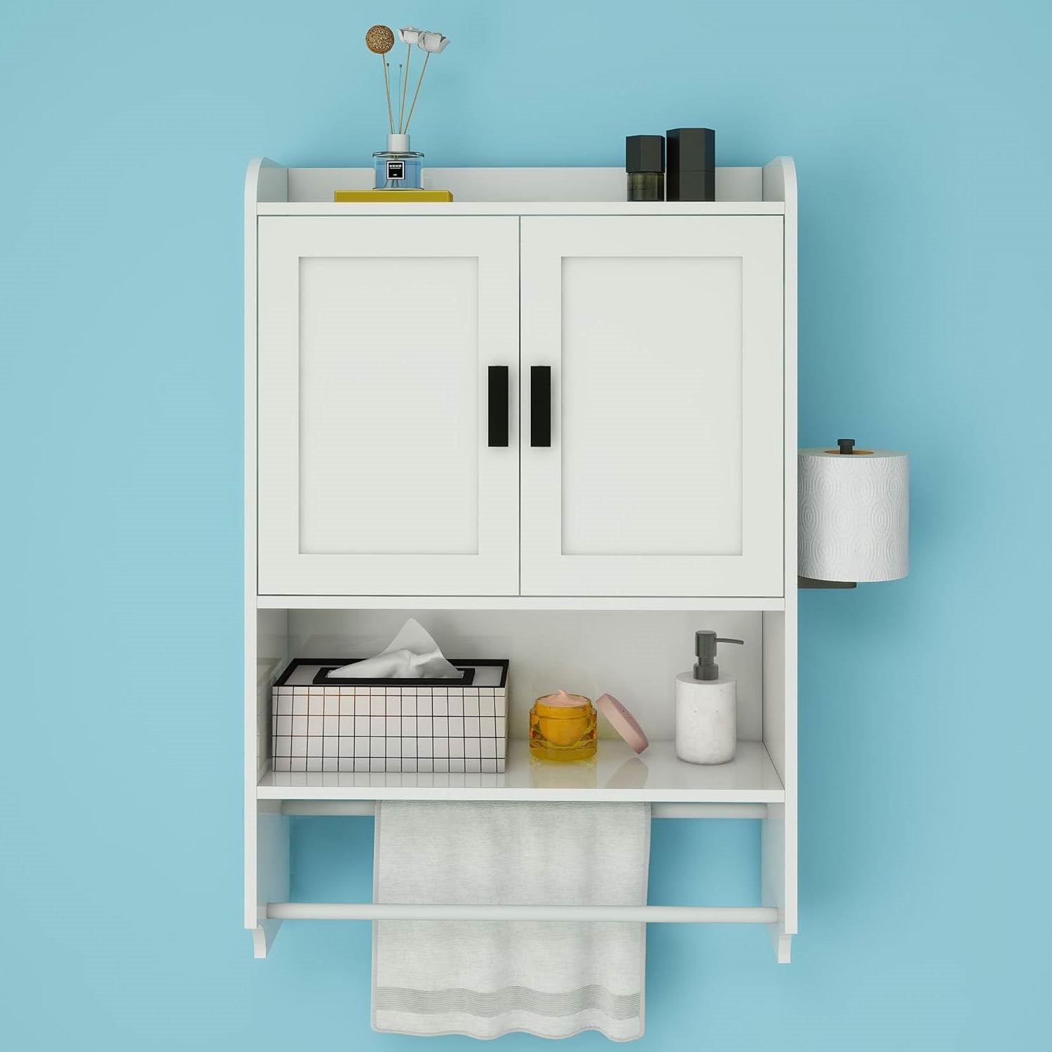 White Bathroom Wall Cabinet with Towel Bar and Storage Shelf LuxuryLifeWay Online Store