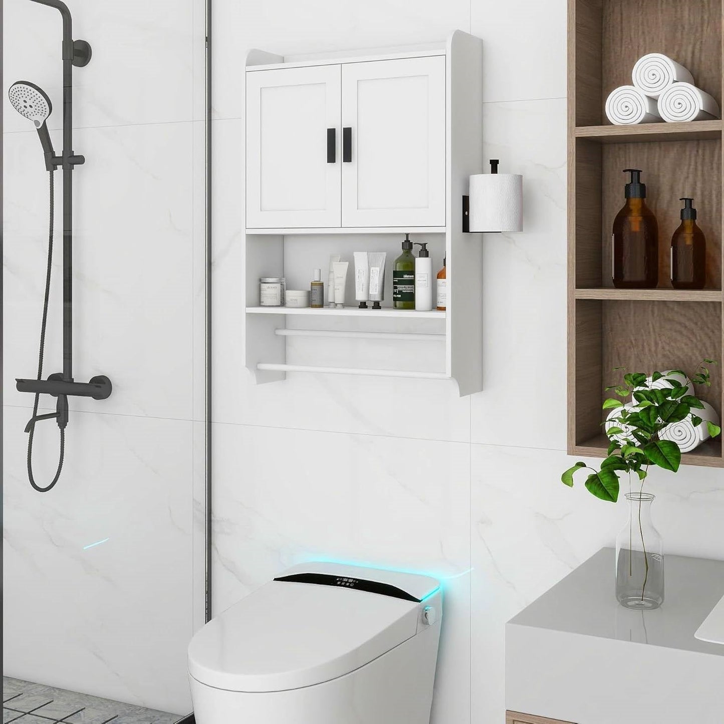 White Bathroom Wall Cabinet with Towel Bar and Storage Shelf LuxuryLifeWay Online Store