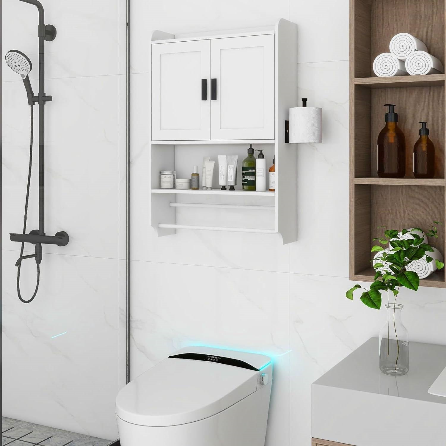 White Bathroom Wall Cabinet with Towel Bar and Storage Shelf LuxuryLifeWay Online Store