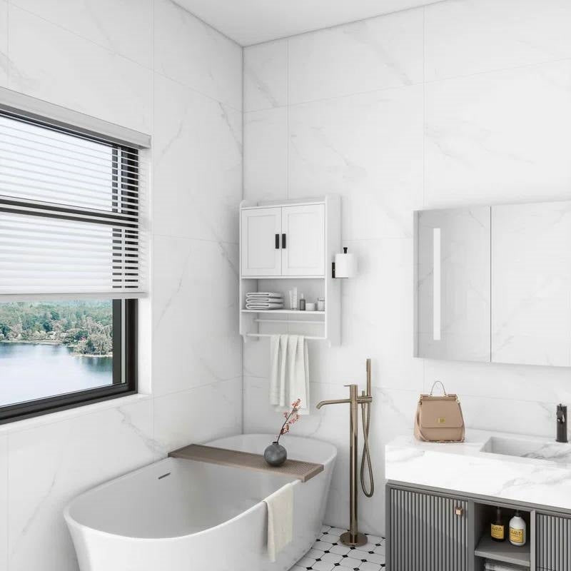 White Bathroom Wall Cabinet with Towel Bar and Storage Shelf LuxuryLifeWay Online Store