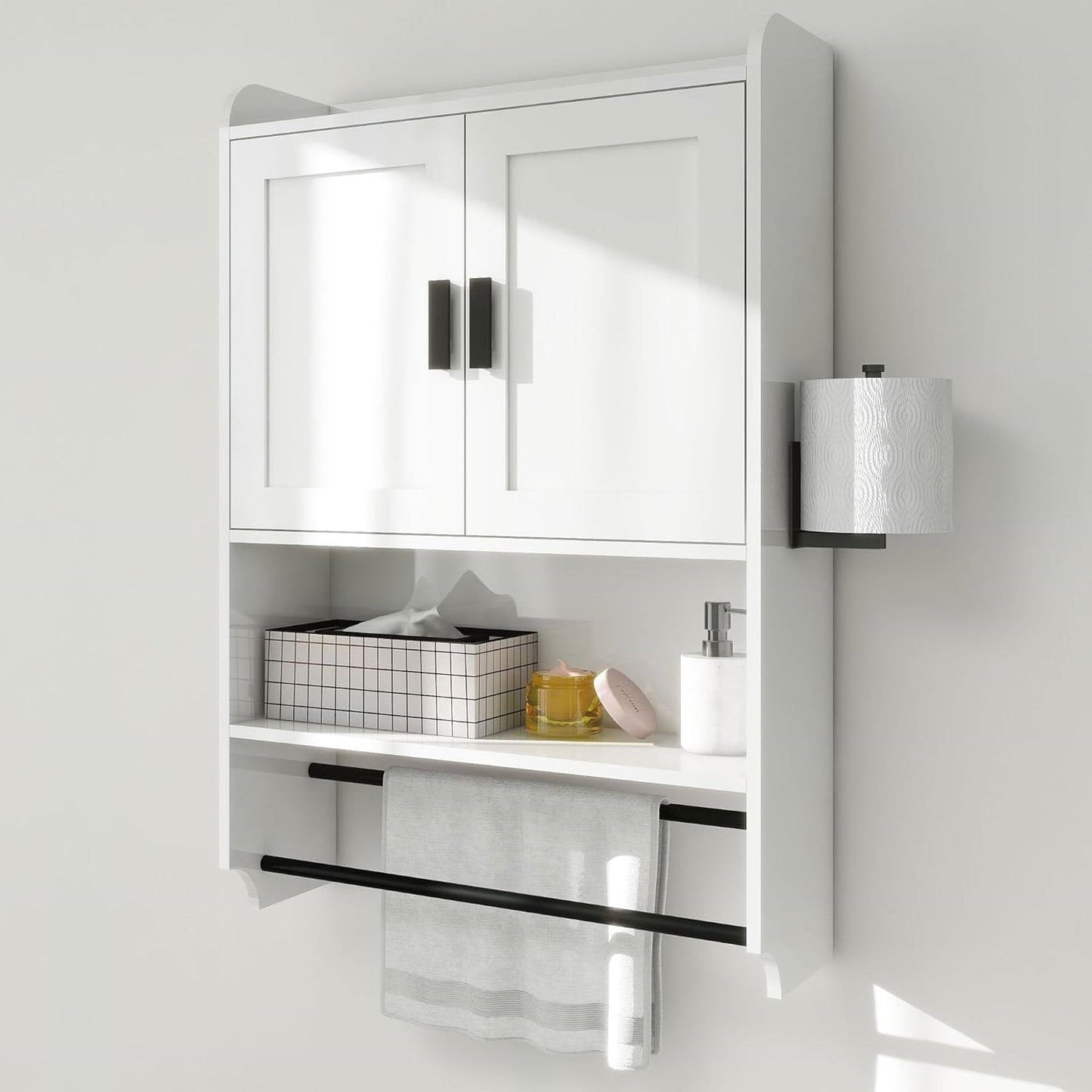 White Bathroom Wall Cabinet with Towel Bar and Storage Shelf LuxuryLifeWay Online Store