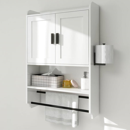White Bathroom Wall Cabinet with Towel Bar and Storage Shelf LuxuryLifeWay Online Store