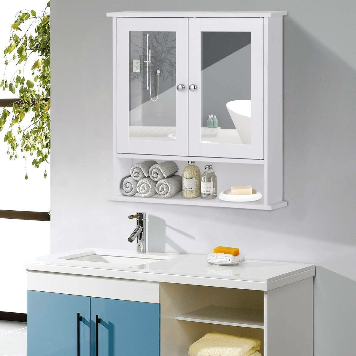 White Bathroom Wall Medicine Cabinet with Mirror and Open Shelf LuxuryLifeWay Online Store