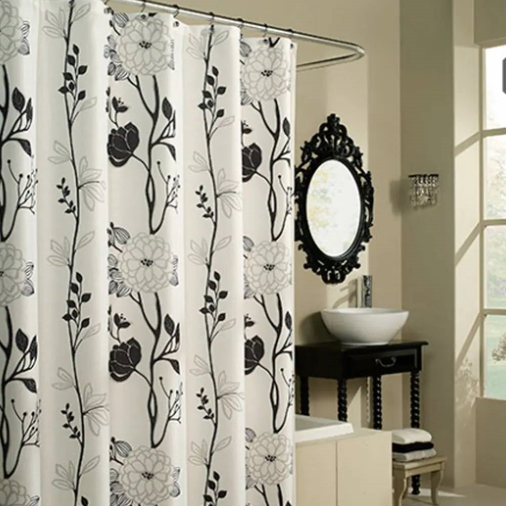 71-inch Boho Black and White Floral Flowers Polyester Fabric Shower Curtain LuxuryLifeWay Online Store