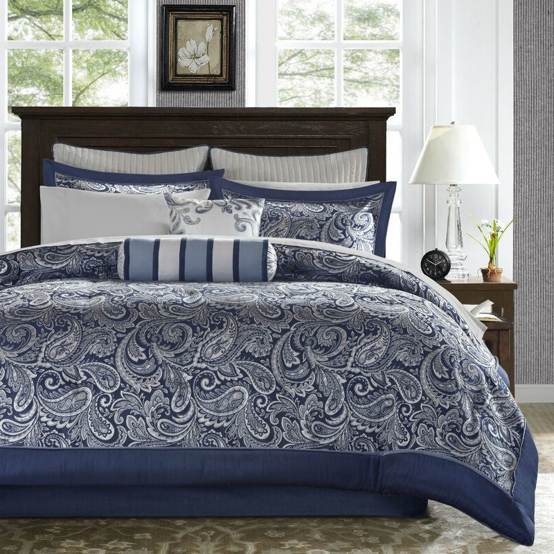 California King 12-piece Reversible Microfiber Comforter Set Navy Blue White LuxuryLifeWay Online Store