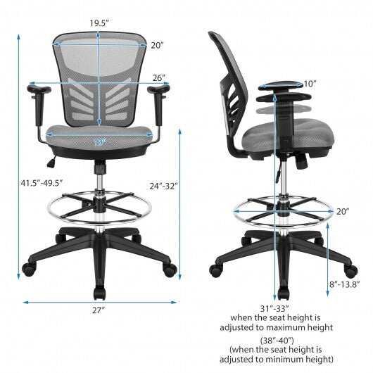 Mesh Drafting Chair Office Chair with Adjustable Armrests and Foot-Ring-Black