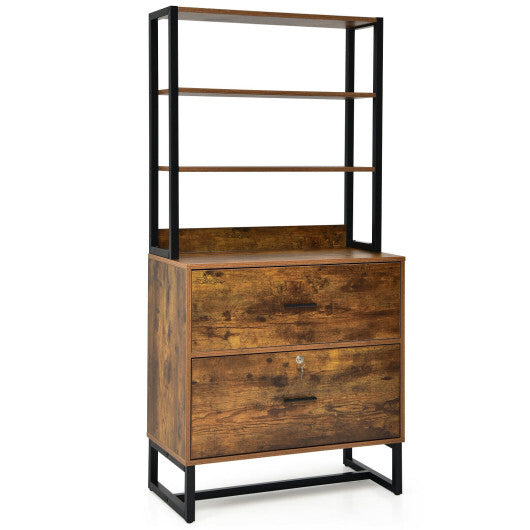 Letter Size Lateral File Cabinet with Lock and Bookshelf-Rustic Brown - Color: Rustic Brown LuxuryLifeWay Online Store
