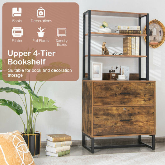 Letter Size Lateral File Cabinet with Lock and Bookshelf-Rustic Brown - Color: Rustic Brown LuxuryLifeWay Online Store