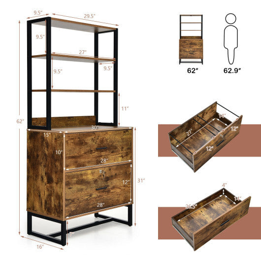 Letter Size Lateral File Cabinet with Lock and Bookshelf-Rustic Brown - Color: Rustic Brown LuxuryLifeWay Online Store