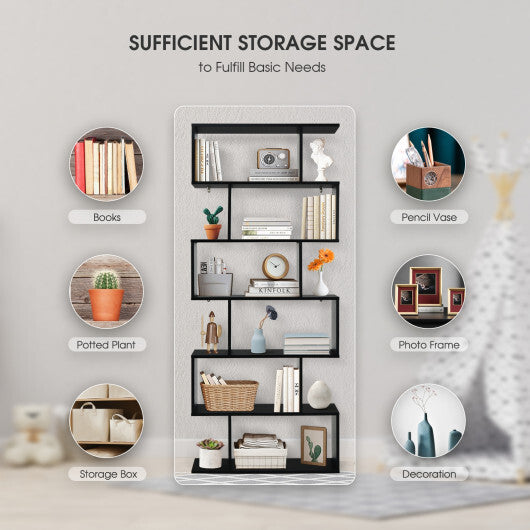 6 Tier S-Shaped Bookshelf Storage Display Bookcase Decor Z-Shelf -Black LuxuryLifeWay Online Store
