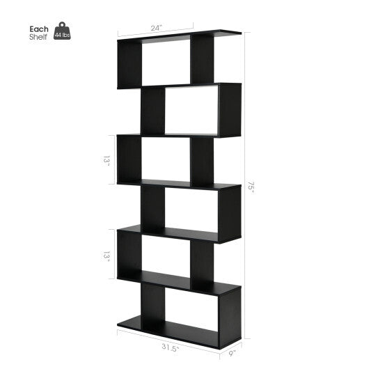 6 Tier S-Shaped Bookshelf Storage Display Bookcase Decor Z-Shelf -Black LuxuryLifeWay Online Store