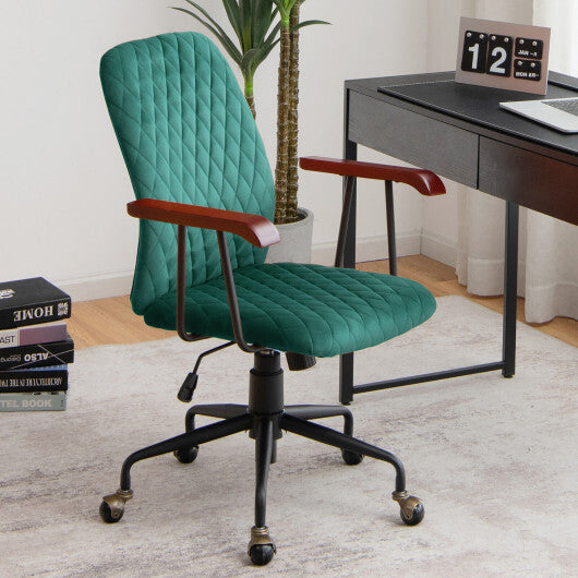 Velvet Home Office Chair with Wooden Armrest Green