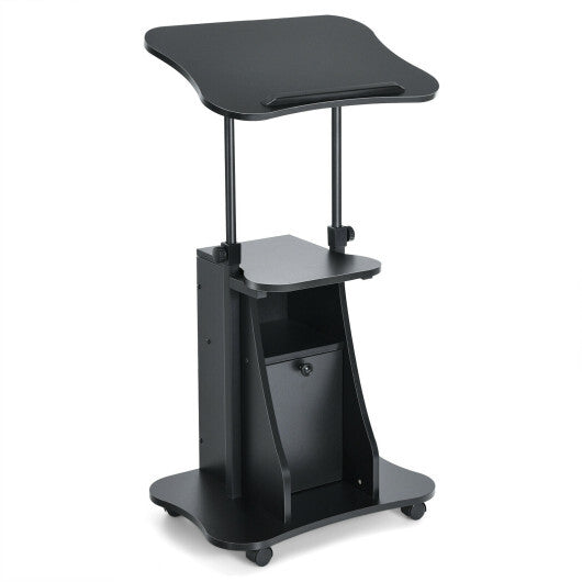 Adjustable Mobile Standing Desk Cart with Tilt Desktop and Cabinet-Black LuxuryLifeWay Online Store