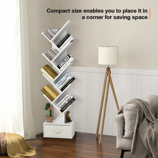 10-Tier Bookshelf with Drawer Free-standing Storage Bookcase-White - Color: White LuxuryLifeWay Online Store