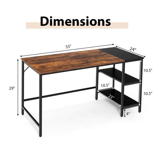 55 Inch Modern Industrial Style Study Writing Desk with 2 Storage Shelves-Brown LuxuryLifeWay Online Store