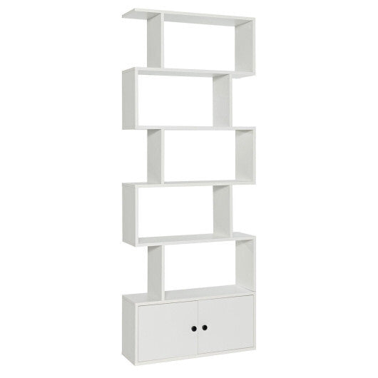 6-Tier S-Shaped Freestanding Bookshelf with Cabinet and Doors-White LuxuryLifeWay Online Store