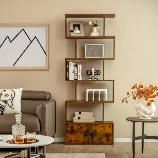 6-Tier S-Shaped Freestanding Bookshelf with Cabinet and Doors-White