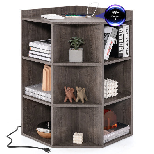 3-Tier Corner Cabinet with Charging Station for Bedroom-Natural