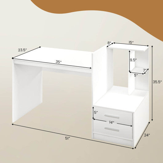 Computer Desk Home Office with Bookshelf and Drawers-White LuxuryLifeWay Online Store