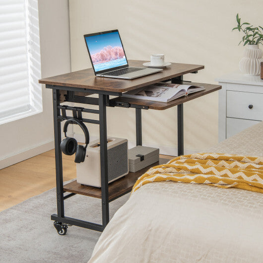 Rolling Laptop Table with Pull-out Keyboard Tray and Hooks-Rustic Brown LuxuryLifeWay Online Store