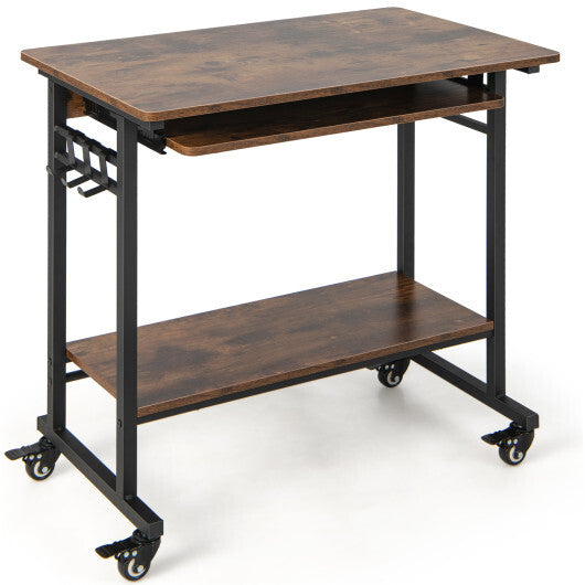 Rolling Laptop Table with Pull-out Keyboard Tray and Hooks-Rustic Brown LuxuryLifeWay Online Store