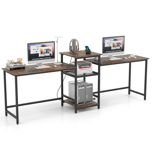 2-Person Computer Desk with Power Outlet and Printer Stand-Rustic Brown LuxuryLifeWay Online Store