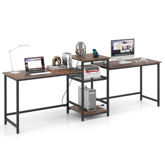 2-Person Computer Desk with Power Outlet and Printer Stand-Rustic Brown LuxuryLifeWay Online Store
