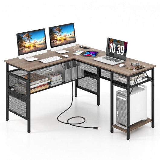 L-Shaped Computer Desk with Charging Station and Adjustable Shelf-Gray LuxuryLifeWay Online Store