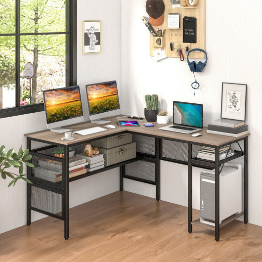 L-Shaped Computer Desk with Charging Station and Adjustable Shelf-Gray LuxuryLifeWay Online Store