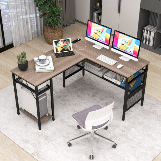 L-Shaped Computer Desk with Charging Station and Adjustable Shelf-Gray LuxuryLifeWay Online Store