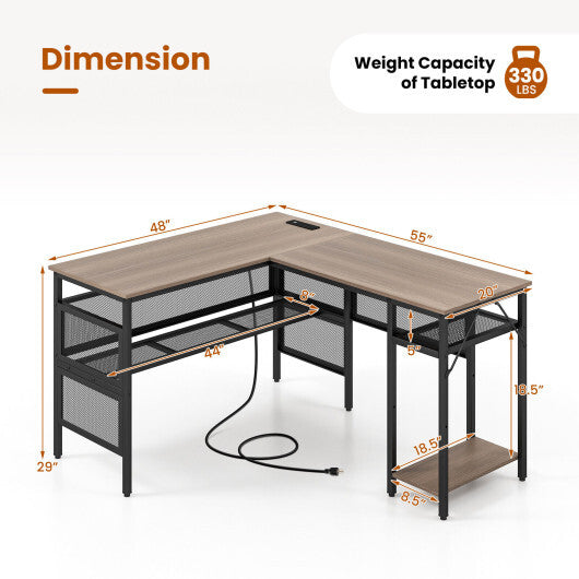L-Shaped Computer Desk with Charging Station and Adjustable Shelf-Gray LuxuryLifeWay Online Store
