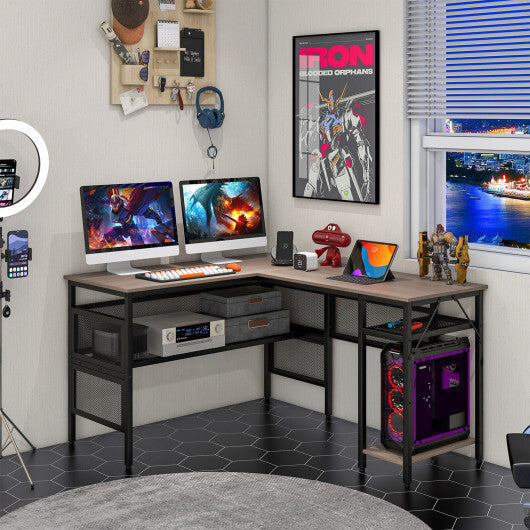 L-Shaped Computer Desk with Charging Station and Adjustable Shelf-Gray LuxuryLifeWay Online Store