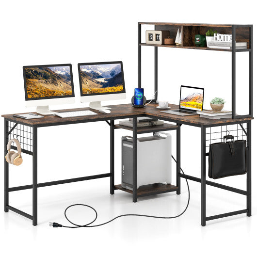 L-shaped Desk with Power Outlet Hutch-Black LuxuryLifeWay Online Store