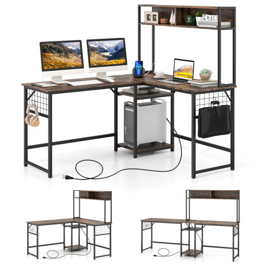 L-shaped Desk with Power Outlet Hutch-Black LuxuryLifeWay Online Store