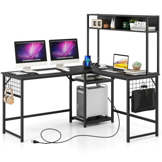 L-shaped Desk with Power Outlet Hutch-Black LuxuryLifeWay Online Store