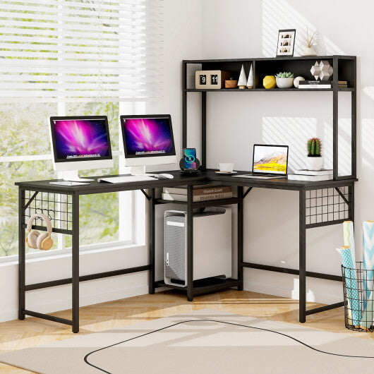 L-shaped Desk with Power Outlet Hutch-Black LuxuryLifeWay Online Store