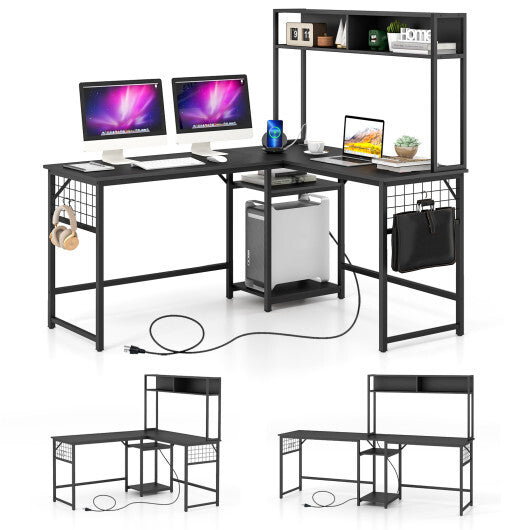 L-shaped Desk with Power Outlet Hutch-Black LuxuryLifeWay Online Store