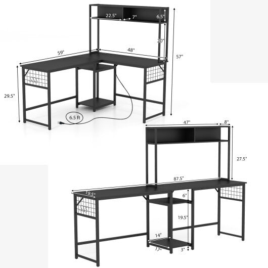 L-shaped Desk with Power Outlet Hutch-Black LuxuryLifeWay Online Store