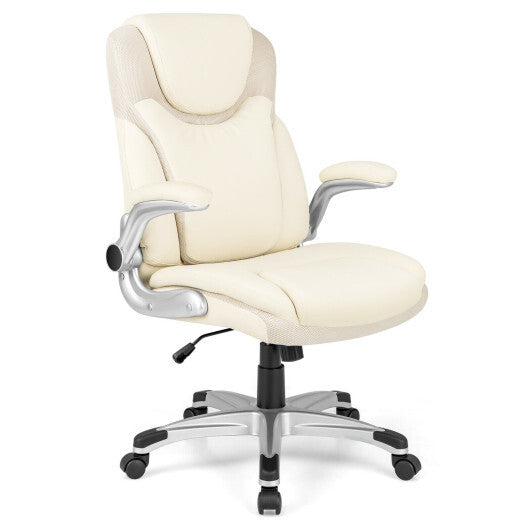 Ergonomic Office PU Leather Executive Chair with Flip-up Armrests and Rocking Function-White LuxuryLifeWay Online Store