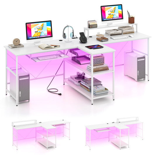 2-Person Reversible Computer Desk Long Office Desk with LED Lights-White LuxuryLifeWay Online Store