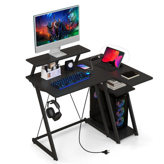 L Shaped Gaming Desk with Outlets and USB Ports-Black LuxuryLifeWay Online Store